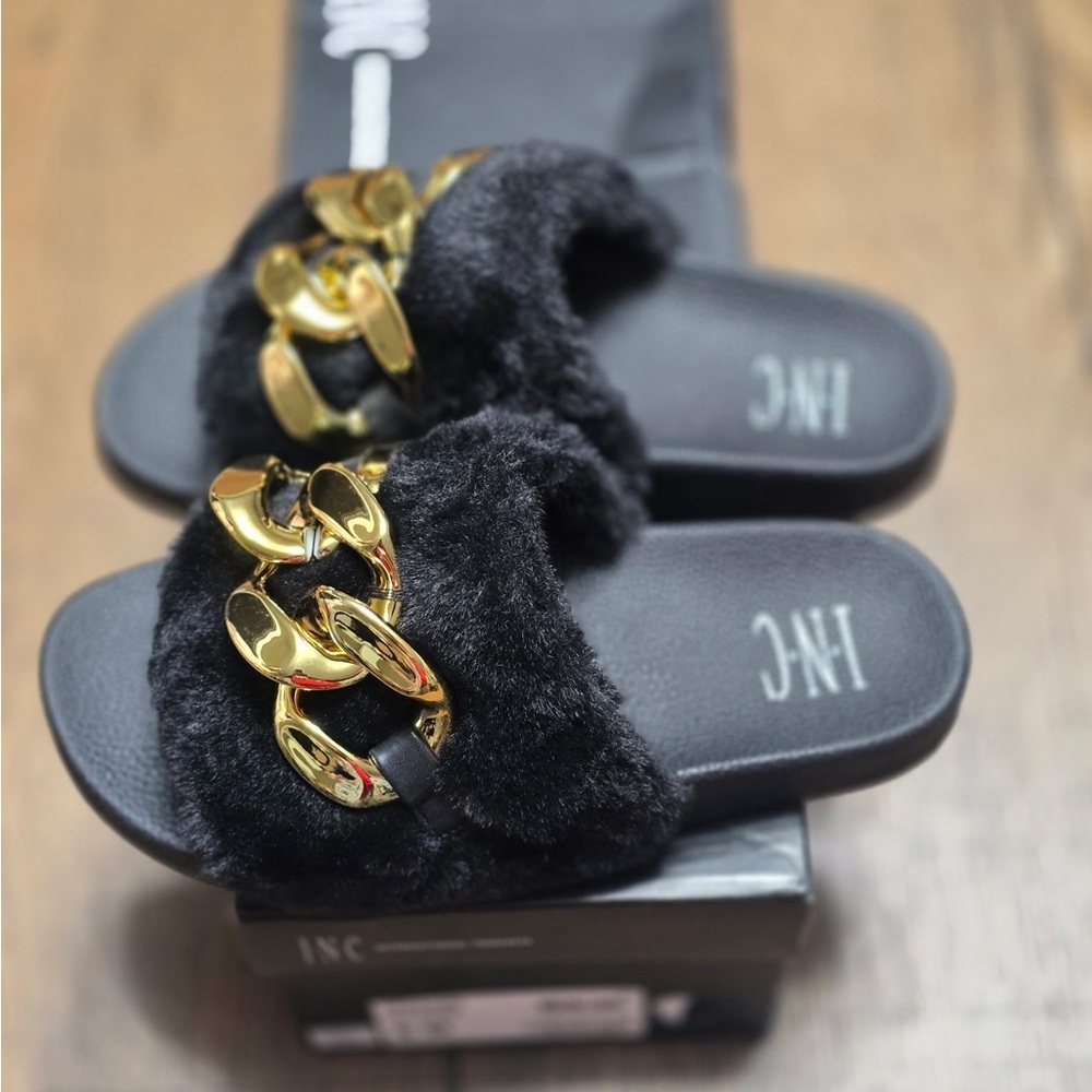 INC Black Faux Fur Slide Sandals with Gold Chain